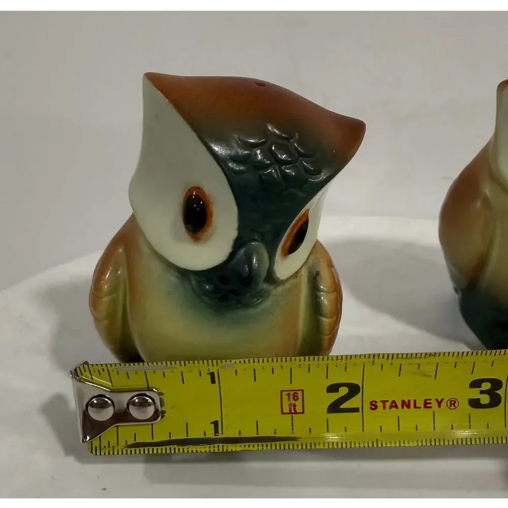 VINTAGE 1970s Japan Owl Salt Pepper Shaker Pair Ceramic Brown Green Kitsch Decor